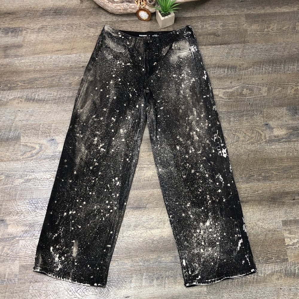 Old Navy Wow Wide Leg High Rise Bleach Splattered Black & White Jeans Size 6